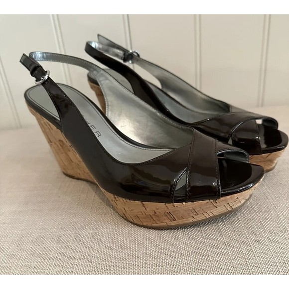 Marc Fisher Brown Patent Faux Leather‎ Cork Wedges, Open Toe, Size 8.5M - Picture 1 of 12